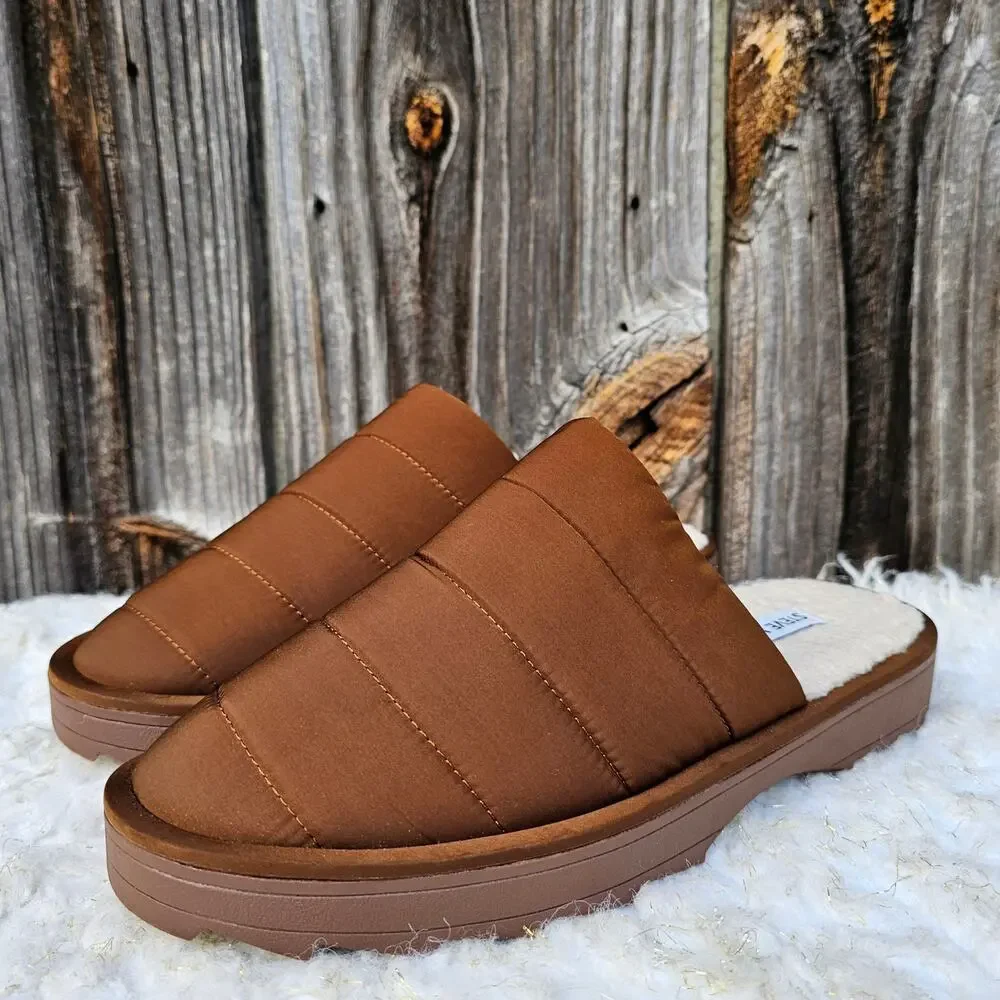 Quilted Slipper Steve Madden Chex Size 10 Faux Shearling Line Puffer Slide Brown - Picture 3 of 12